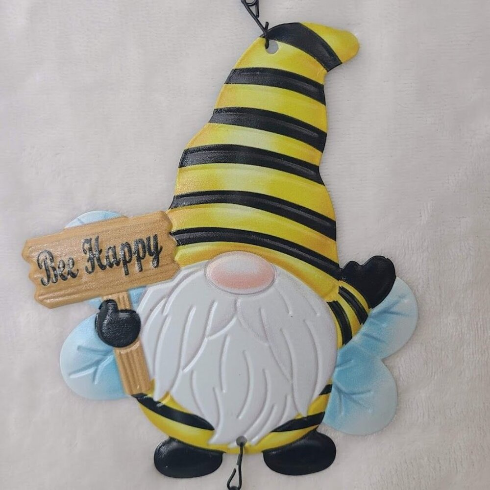 Bee Happy Gnome Metal Hanging Decor with Bell Garden Porch Ornament - Picture 3 of 7